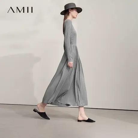 Amii2025秋新款极简优雅知性弹力修身收腰长袖长款A摆连衣裙图片