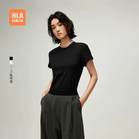 HLA/海澜之家黑色圆领短袖T恤25春夏新休闲时尚弹力针织上衣女装商品大图