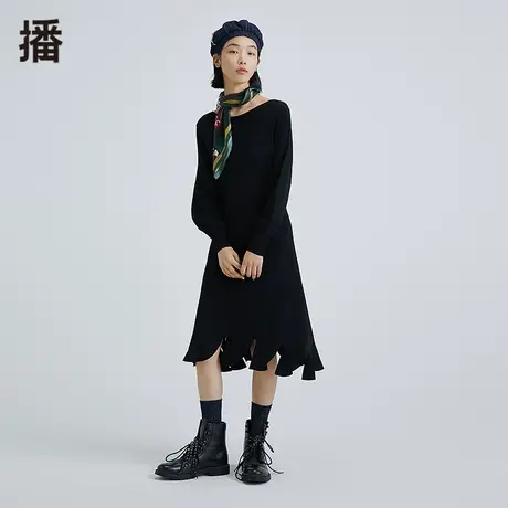 播春季新款圆领不规则下摆A型廓形毛织连衣裙女BDO1LD0210图片