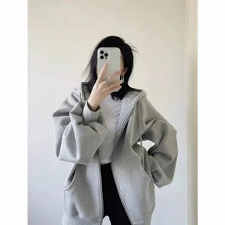 NOW真维斯灰色连帽卫衣女2025新款美式慵懒chic卫衣宽松开衫外套图片