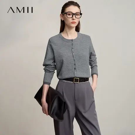 Amii2025秋新款极简纯色知性通勤风圆领合体弹力单排扣毛织开衫女图片