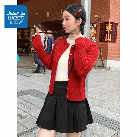 NOE真维斯红色毛衣开衫外套女款2025新款秋冬季青少年短款上衣商品大图