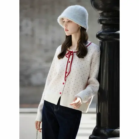 唐狮秋冬女圆领撞色钮扣满地提花开衫毛线衫百搭女毛衣韩系TD图片