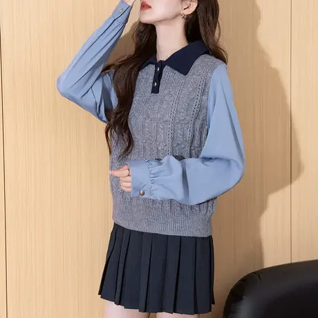 唐狮秋冬梭织拼接袖翻领套头毛衣女式针织衫气质温柔高级感TD图片