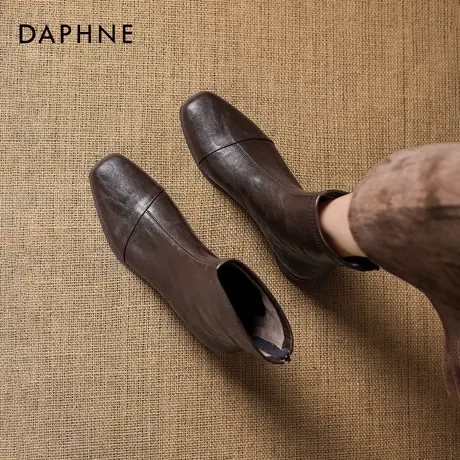 达芙妮粗跟短靴女2026春季新款英伦风马丁靴棕色方头切尔西瘦瘦靴商品大图