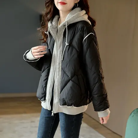 宝诗黎连帽假两件拼接羽绒服冬季女2023新款宽松保暖90白鸭绒外套图片