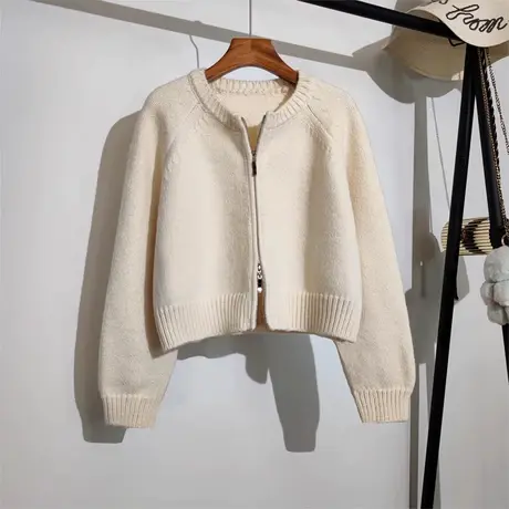 双拉链针织开衫女秋冬新款韩版宽松圆领显瘦设计感小众毛衣短外套商品大图