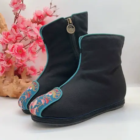 汉舞【禅语】中国风千层底布鞋刺绣棉靴短款女靴侧拉链内增高棉靴商品大图