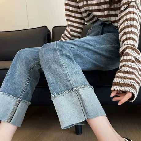 翻边直筒牛仔裤女春秋新款浅蓝毛边拼接复古高腰显瘦九分烟管裤子商品大图