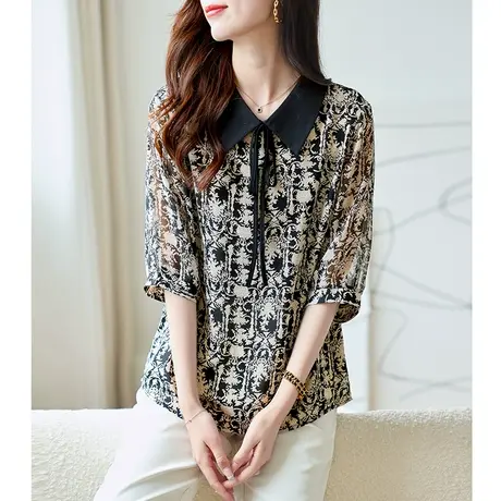 宝诗黎五分袖印花系带雪纺衫女2023夏时髦小衫新款假两件薄款上衣商品大图