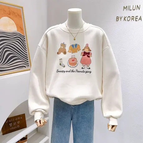 小个子显高上衣~秋冬款ins奶油风复古美式小熊摇粒绒加厚长袖卫衣商品大图