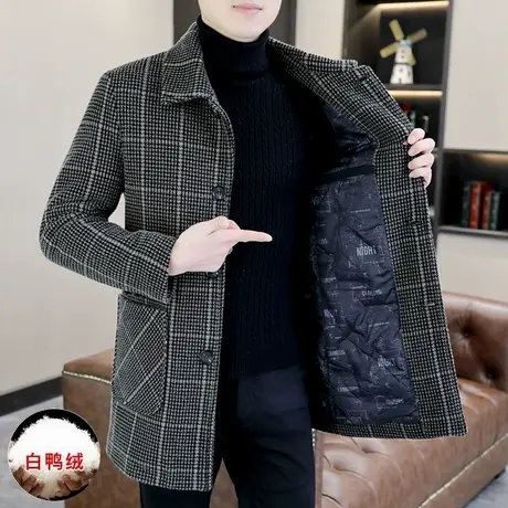 冬季毛呢大衣男士中长款休闲鸭绒格子风衣高端商务加厚羽绒服外套图片