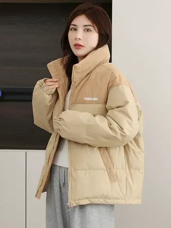 羽绒服女2023冬季新款灯芯绒拼接立领面包服情侣外套ins简约上衣商品大图