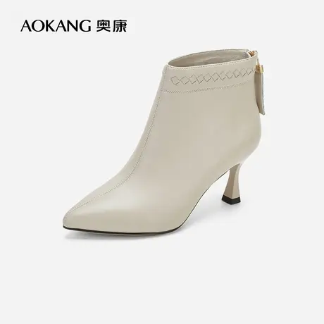 奥康女鞋 冬季新款真皮瘦瘦靴尖头后拉链短靴子女百搭时装靴商品大图