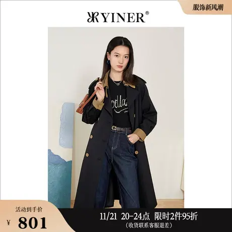 YINER音儿线上专选女装春季撞色中长款双排扣西装翻领风衣外套商品大图