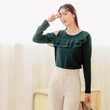 桔熊春秋季韩版小心机荷叶钉珠花边露单肩t恤上衣女裝大码AB16267图片