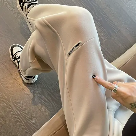 加绒运动裤女秋冬防风裤宽松高腰显瘦束脚加厚卫裤杏色休闲裤子商品大图