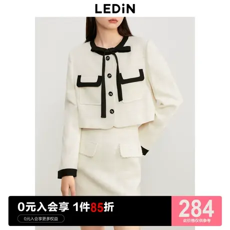 乐町知性优雅吸睛短外套23秋新款黑白撞色甜美蝴蝶结小香风外套图片