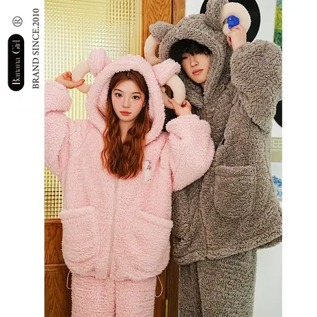 Bananagirl睡衣女士新款秋冬珊瑚绒加厚保暖卡通大码宽松家居服男商品大图