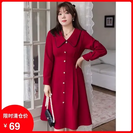 2024年春季新款大码显瘦遮肉胖mm连衣裙过膝中长款气质红色a字裙商品大图