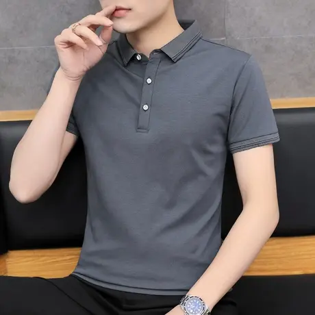 夏季男士翻领短袖t恤商务休闲灰色polo衫男潮牌潮流冰丝光棉半袖商品大图
