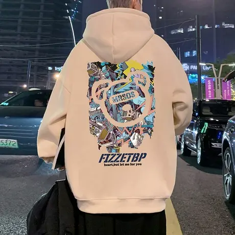 连帽卫衣男春秋季潮流男装2024新款帽衫宽松上衣纯棉卡通印花外套商品大图