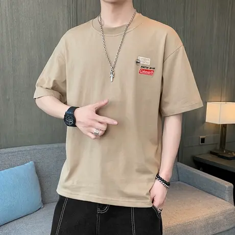 圆领纯棉短袖男T恤韩版潮流夏季新款潮牌半袖体恤刺绣印花打底衫商品大图