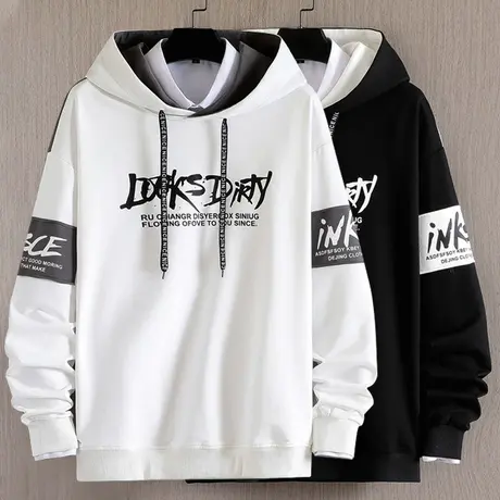 连帽卫衣男春秋季韩版潮流宽松字母印花针织休闲拼色青少年上衣服商品大图