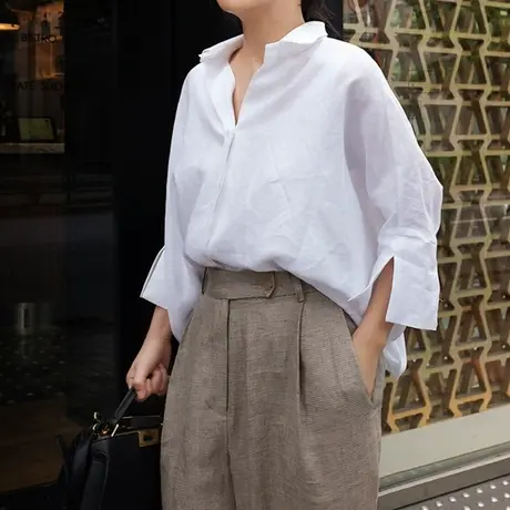 纯诗曼秋白色棉麻长袖衬衫女韩版宽松大码休闲亚麻衬衣时尚上衣潮图片