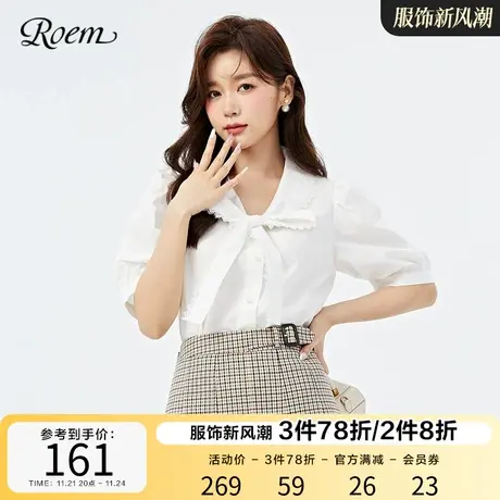 Roem春秋新品法式V领公主甜美泡泡袖娃娃领蝴蝶结蕾丝短袖衬衫女商品大图
