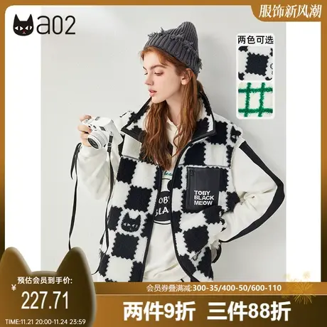 a02棋盘格马甲女冬季新品潮流街头风仿羊羔绒马夹休闲上衣女商品大图
