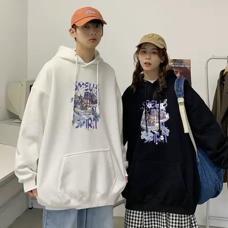 法式情侣卫衣秋冬季2024新款潮流字母上衣女韩版加绒宽松连帽外套商品大图