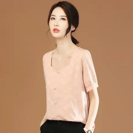 韩潮袭人方领压花短袖雪纺衫上衣女2023夏季询价休闲百搭套头衬衫图片