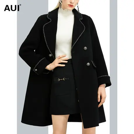 AUI黑色高端小个子短款毛呢外套女冬2023新款小香风西装呢子大衣图片