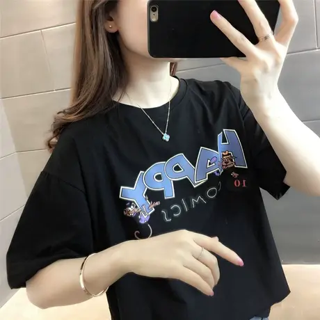 夏季2023年新款韩版学院风宽松显瘦印花短袖T恤设计感小众上衣女商品大图