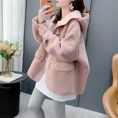 加厚保暖牛角扣羊羔毛外套女秋冬2023年新款秋冬宽松皮毛一体大衣商品大图