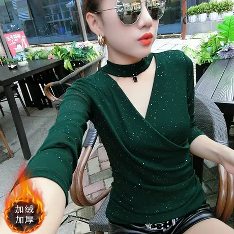 时尚网纱女装性感交叉蕾丝上衣秋冬加绒加厚打底衫女长袖T恤女潮图片