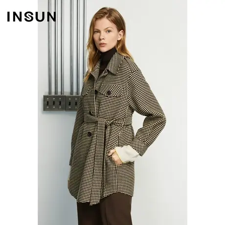 INSUN恩裳冬季千鸟格羊毛毛呢外套商品大图