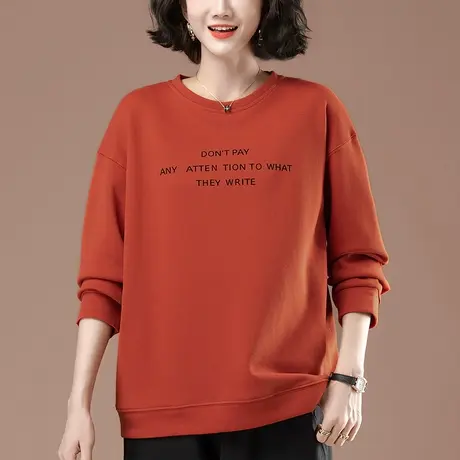 中年妈妈宽松卫衣女薄款春秋季加肥加大码女装圆领显瘦套头上衣女商品大图