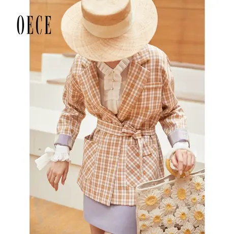 Oece春装元气文艺格纹复古英伦西服个性小西装外套商品大图