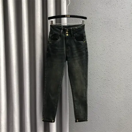 个性贴布小脚铅笔裤女23秋冬新款复古三粒扣高腰百搭加绒牛仔长裤图片