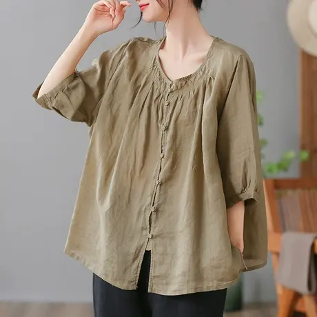dza 复古苎麻女士衬衫2023夏季薄款圆领衬衣宽松显瘦棉麻开衫上衣图片