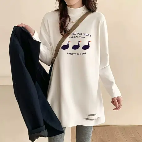 德绒打底衫加厚保暖中长款白色上衣2022年秋冬新款半高领破洞T恤图片