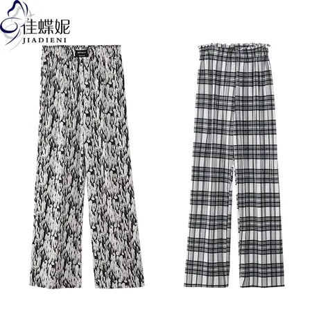 春夏季新款宽松直筒松紧腰花纹长裤女格子下装韩版高腰休闲裤图片