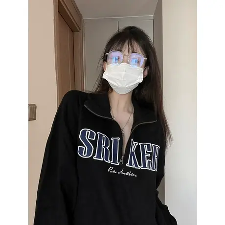 polo领大码加绒秋冬卫衣女ins潮大码胖mm复古半拉链翻领美式上衣商品大图