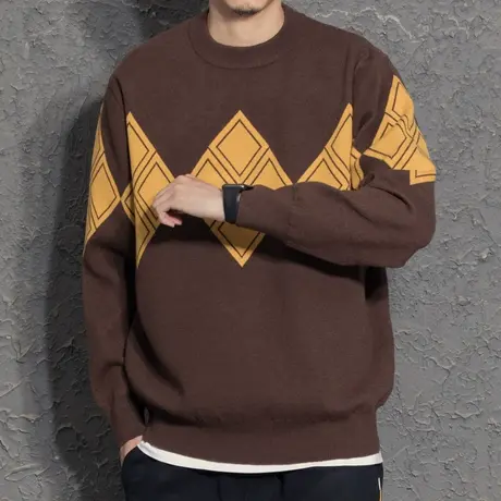 韩版菱形毛衣男ins超火时尚复古青年针织衫打底衫外穿圆领毛线衣商品大图