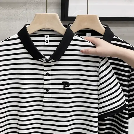 polo衫男短袖t恤男士夏季简约潮牌针织丝光棉条纹字母刺绣半袖T恤商品大图