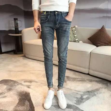 2023四季个性刺绣贴布小脚裤男士青年百搭牛仔裤时尚简约青年长裤图片