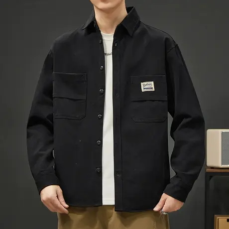 春季男款美式痞帅长袖衬衣服春秋款高端翻领衬衫春天纯棉工装外套商品大图