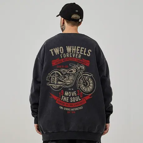 大码美式重磅复古胖子男装加绒宽松水洗做旧圆领卫衣春秋冬款无帽图片